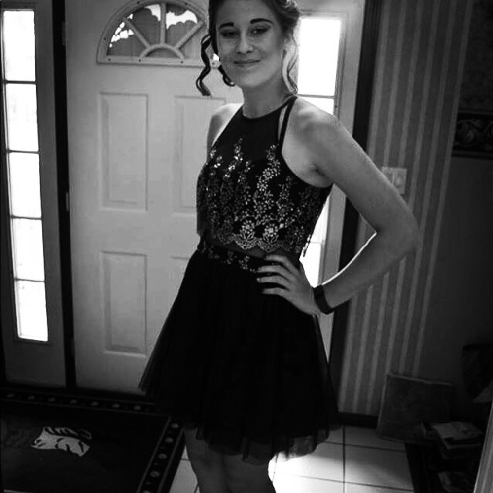 This is a dark blue homecoming dress